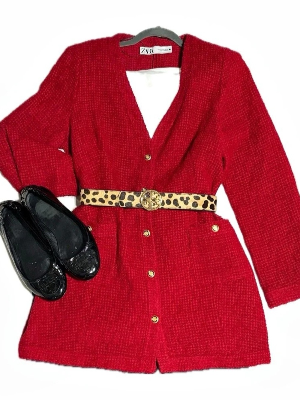 Zara Women's Red Textured Belted Blazer